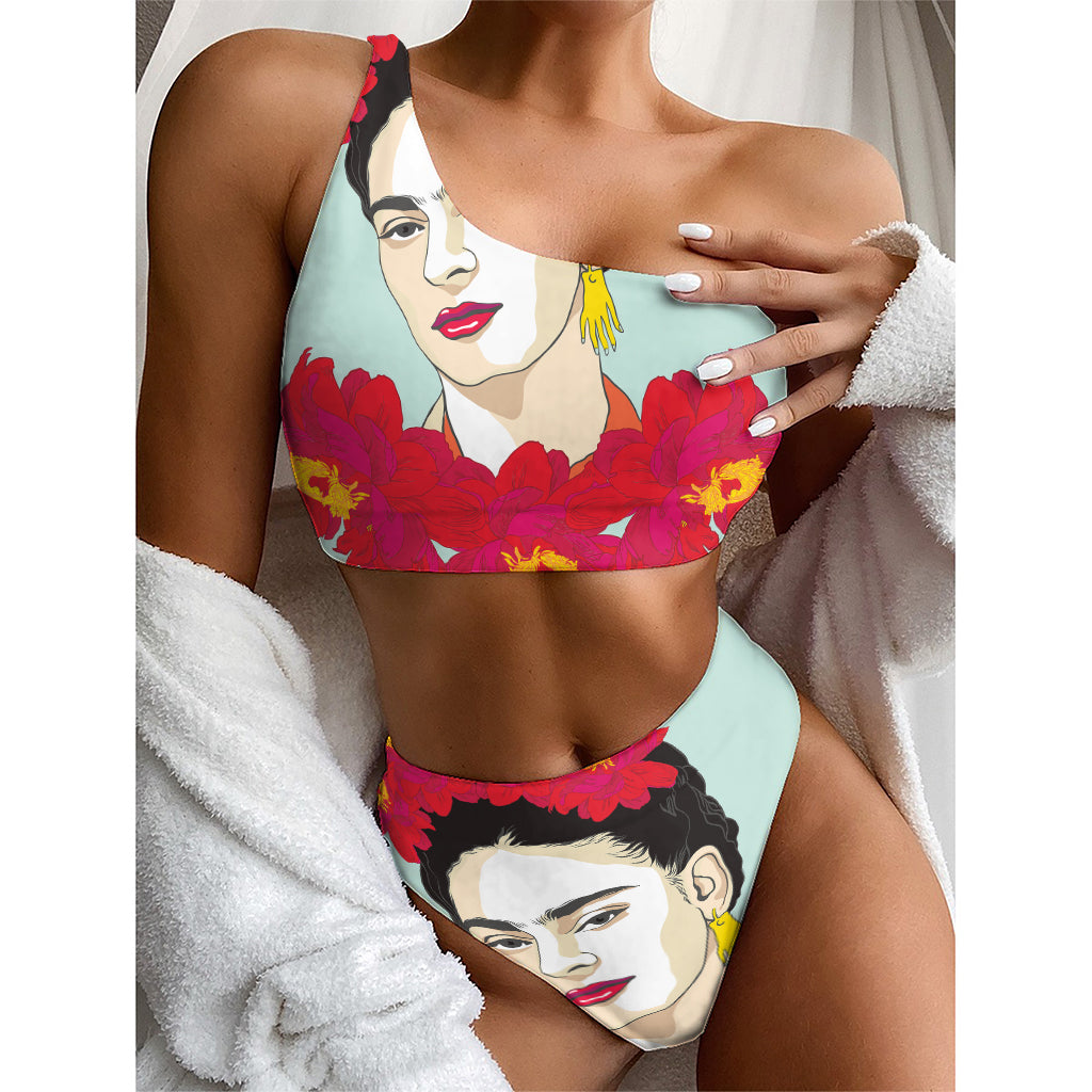 Frida Kahlo And Floral Print One Shoulder Bikini Top