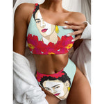 Frida Kahlo And Floral Print One Shoulder Bikini Top