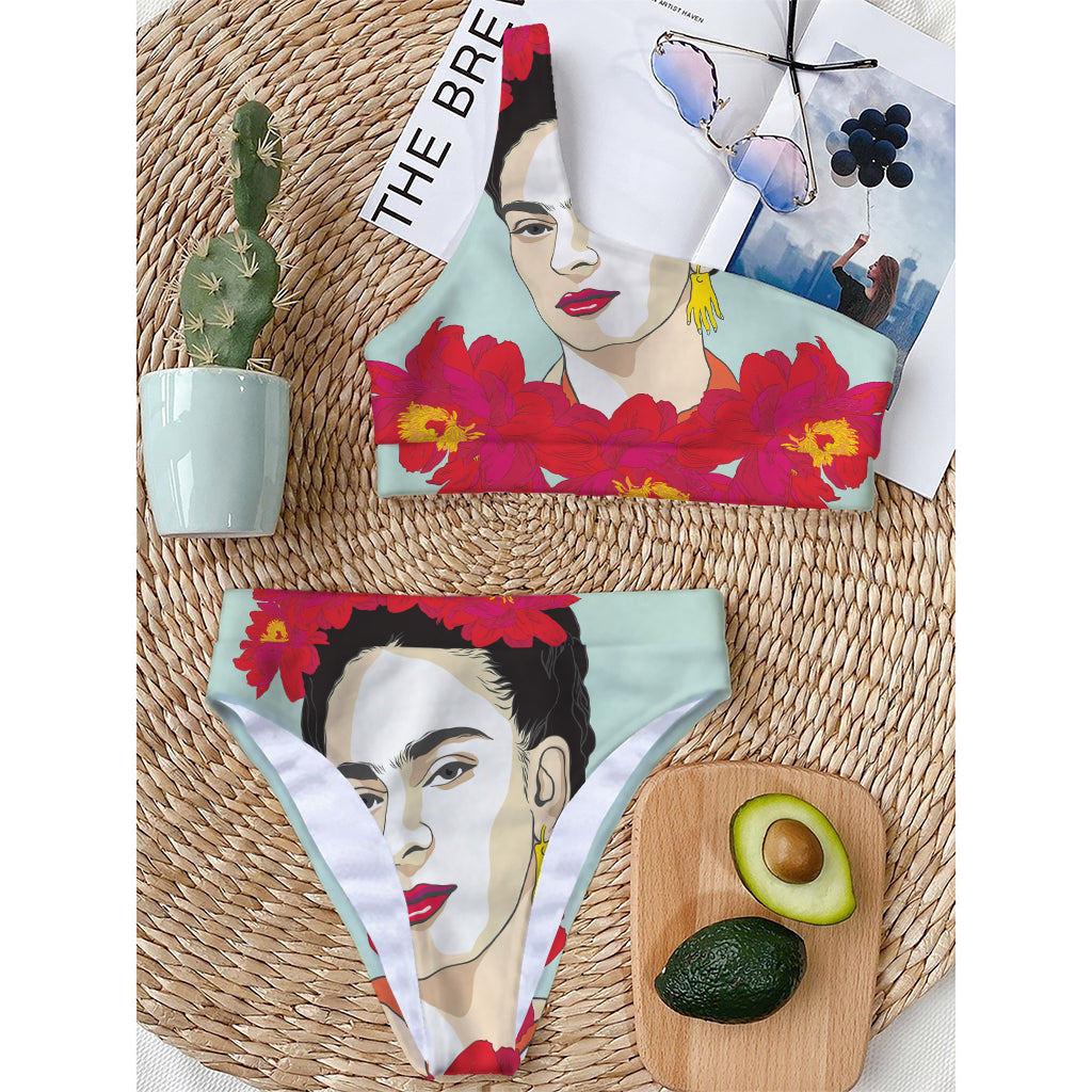 Frida Kahlo And Floral Print One Shoulder Bikini Top