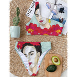 Frida Kahlo And Floral Print One Shoulder Bikini Top