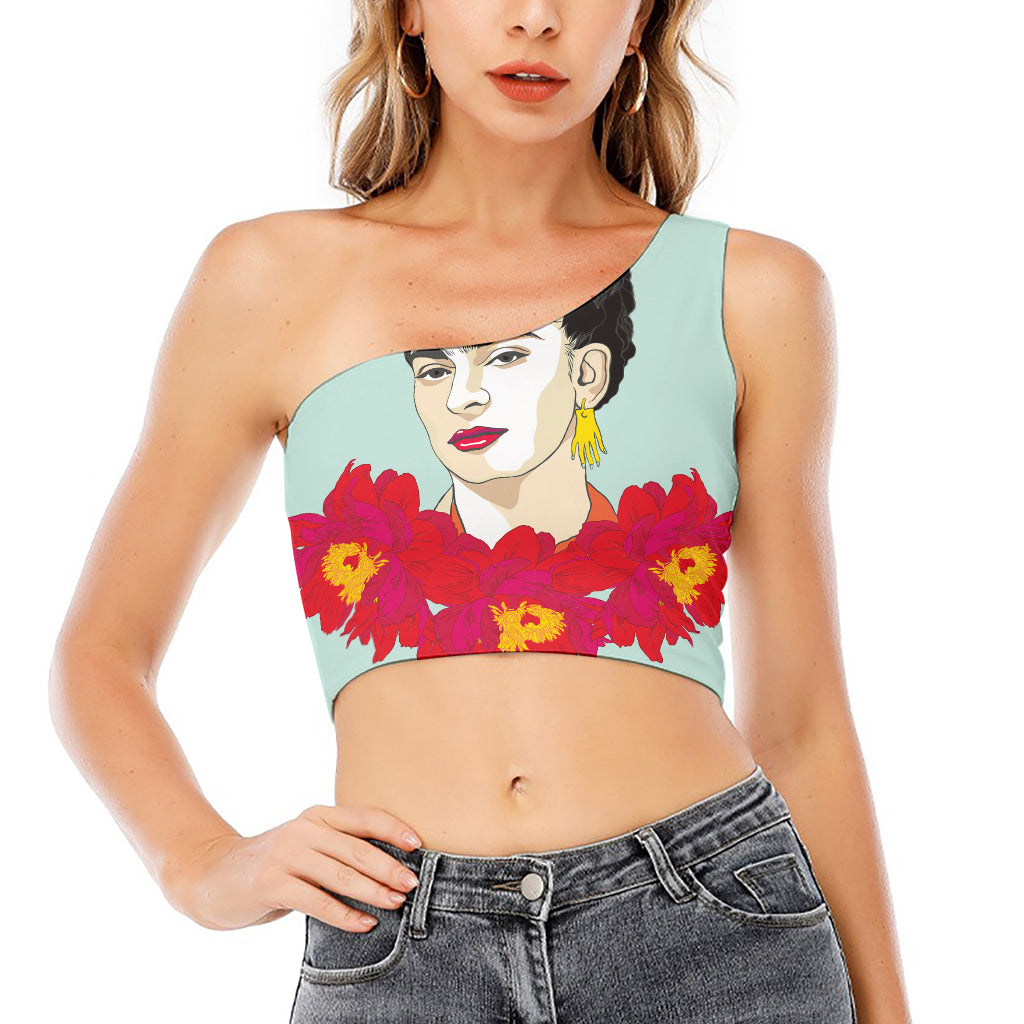 Frida Kahlo And Floral Print One Shoulder Crop Top
