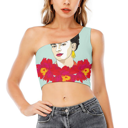 Frida Kahlo And Floral Print One Shoulder Crop Top