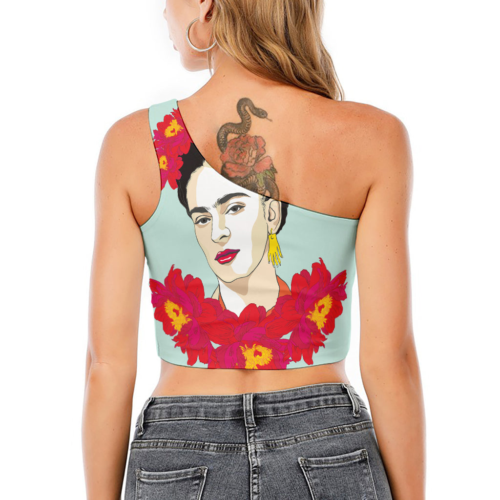 Frida Kahlo And Floral Print One Shoulder Crop Top