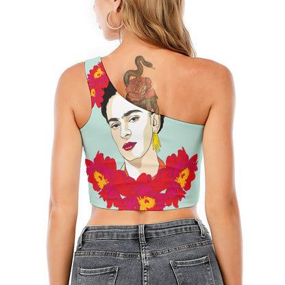 Frida Kahlo And Floral Print One Shoulder Crop Top