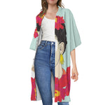 Frida Kahlo And Floral Print Open Front Beach Cover Up