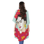 Frida Kahlo And Floral Print Open Front Beach Cover Up