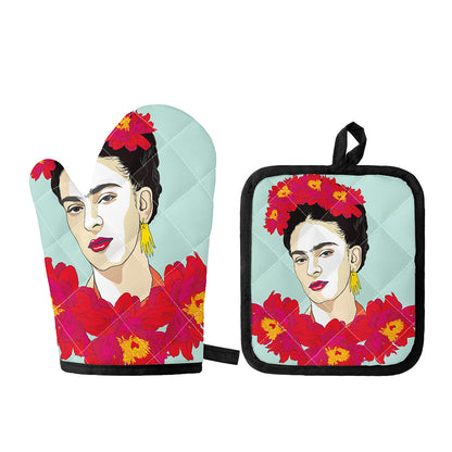 Frida Kahlo And Floral Print Oven Mitt And Pot Holder Set