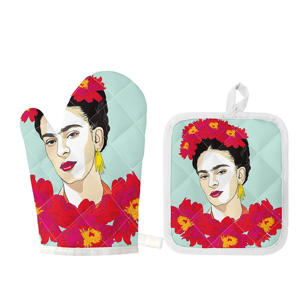 Frida Kahlo And Floral Print Oven Mitt And Pot Holder Set