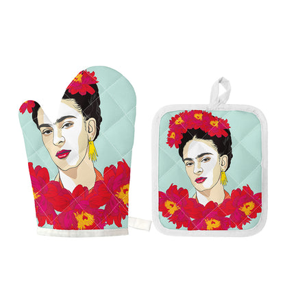 Frida Kahlo And Floral Print Oven Mitt And Pot Holder Set
