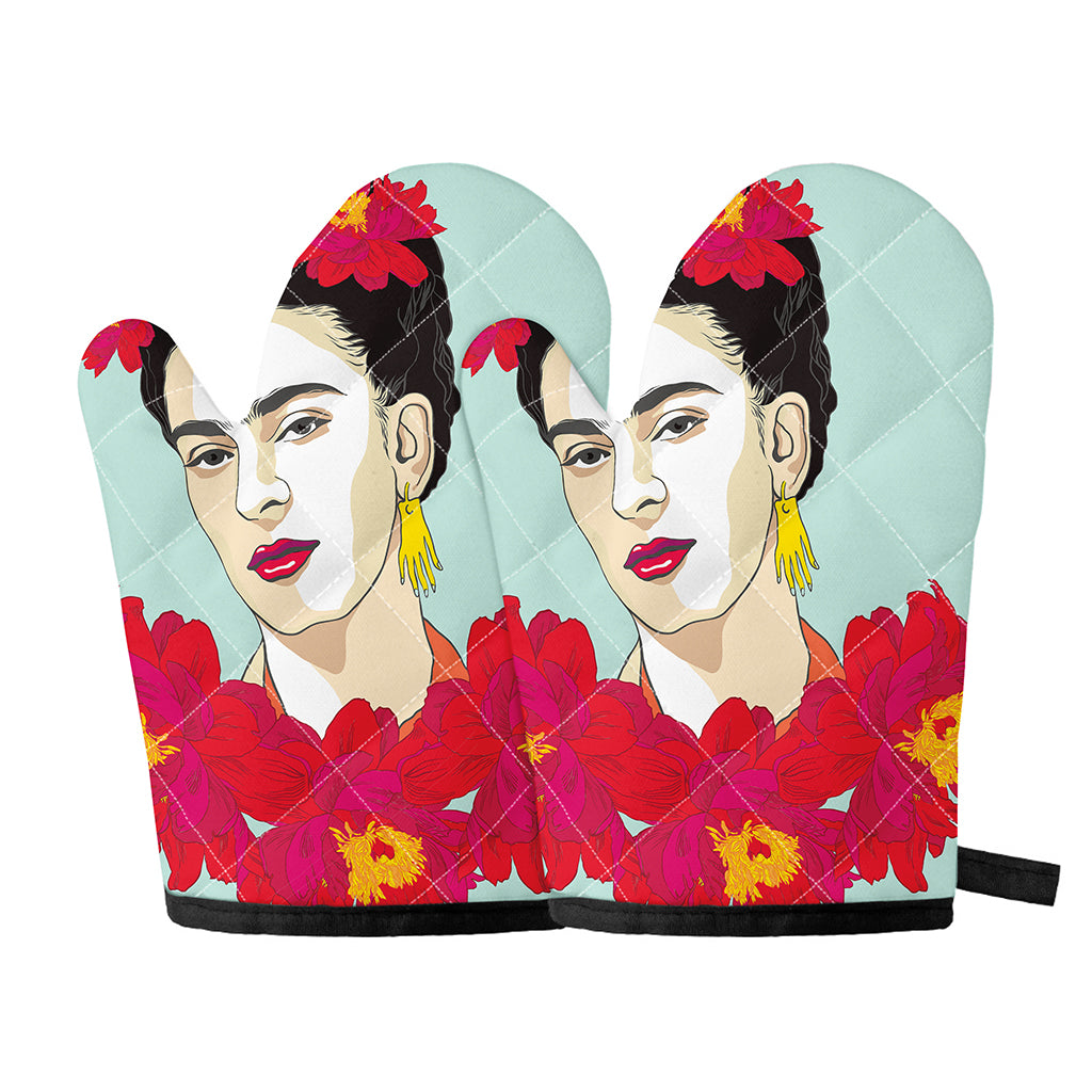Frida Kahlo And Floral Print Oven Mitts