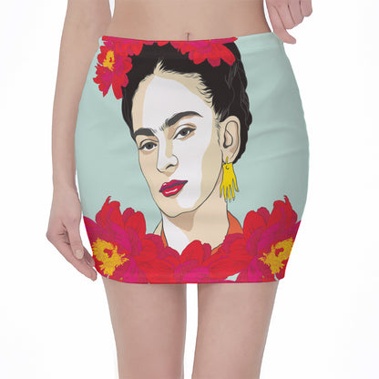 Frida Kahlo And Floral Print Pencil Mini Skirt