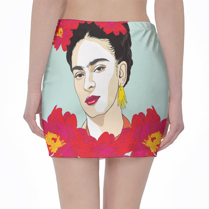 Frida Kahlo And Floral Print Pencil Mini Skirt