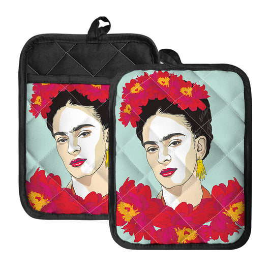 Frida Kahlo And Floral Print Pot Holders With Pocket