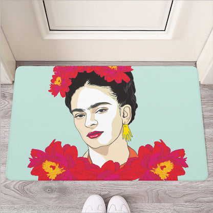 Frida Kahlo And Floral Print Rubber Doormat