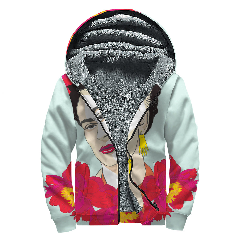 Frida Kahlo And Floral Print Sherpa Lined Zip Up Hoodie