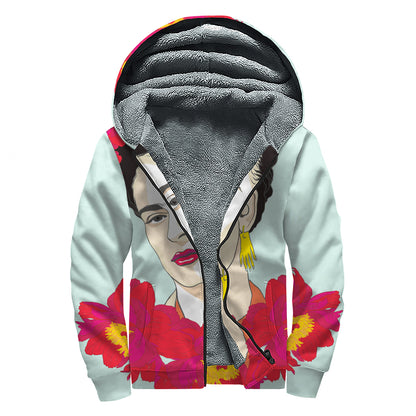 Frida Kahlo And Floral Print Sherpa Lined Zip Up Hoodie