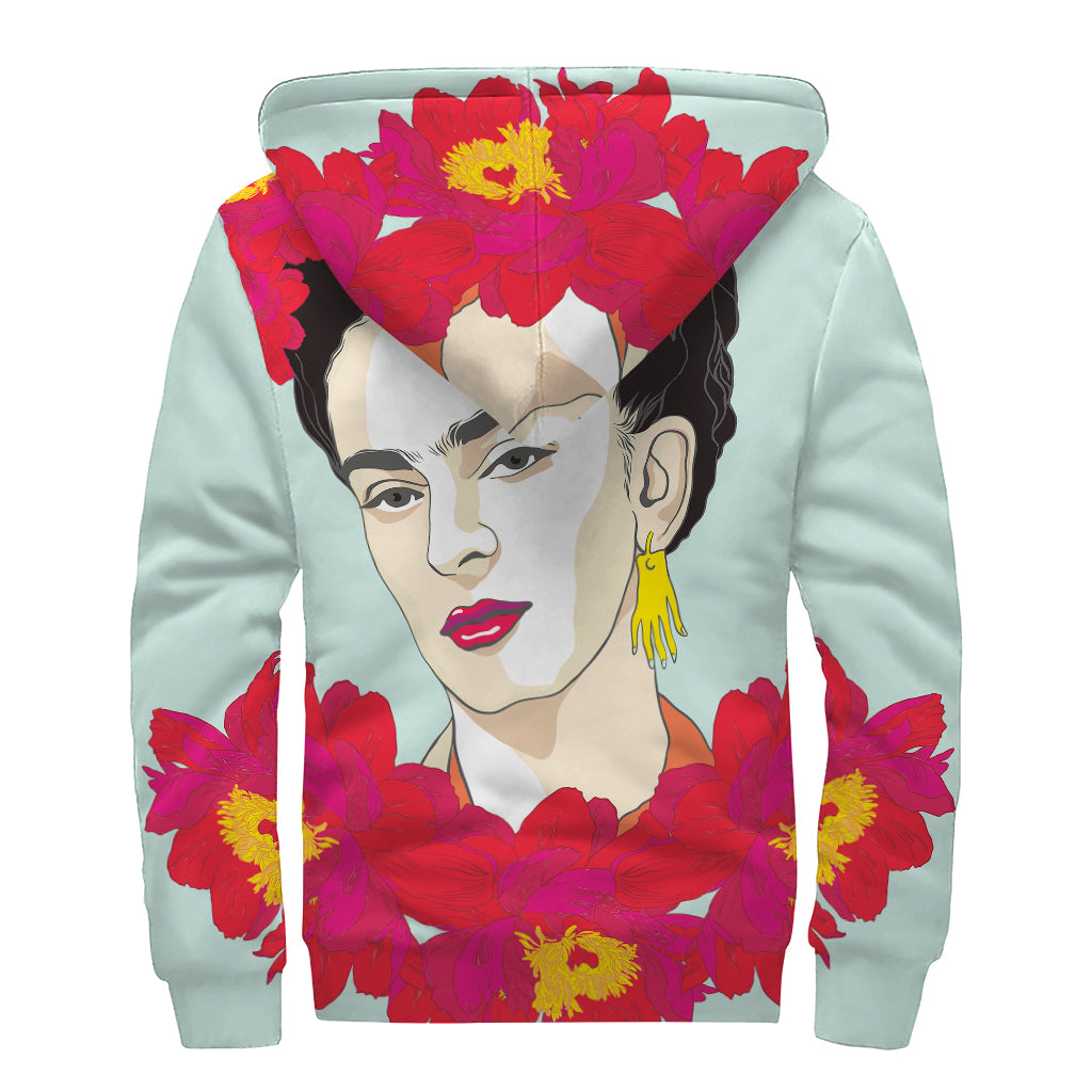 Frida Kahlo And Floral Print Sherpa Lined Zip Up Hoodie