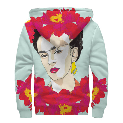 Frida Kahlo And Floral Print Sherpa Lined Zip Up Hoodie