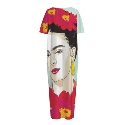 Frida Kahlo And Floral Print Short Sleeve Long Nightdress