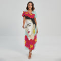 Frida Kahlo And Floral Print Short Sleeve Maxi Dress