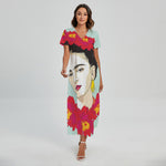 Frida Kahlo And Floral Print Short Sleeve Maxi Dress