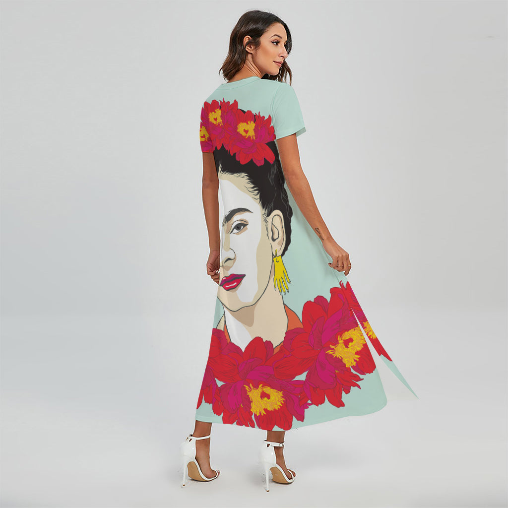 Frida Kahlo And Floral Print Short Sleeve Maxi Dress