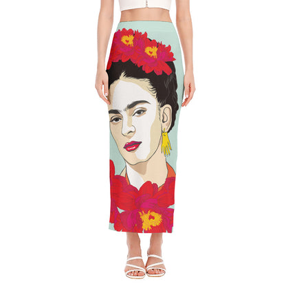 Frida Kahlo And Floral Print Side Slit Maxi Skirt