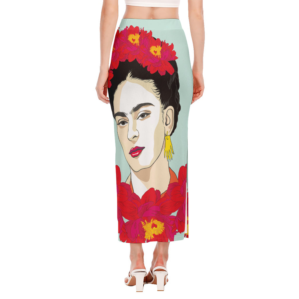 Frida Kahlo And Floral Print Side Slit Maxi Skirt