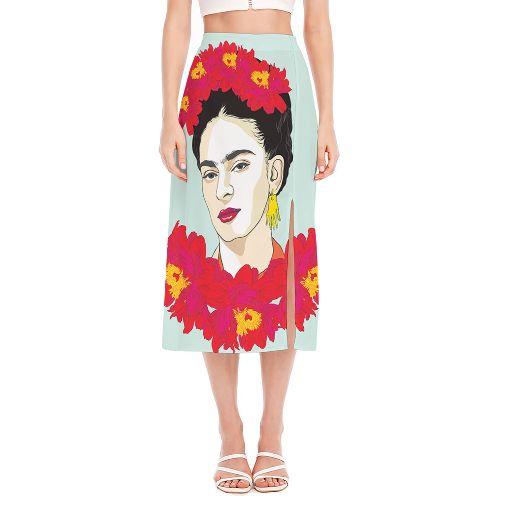 Frida Kahlo And Floral Print Side Slit Midi Skirt