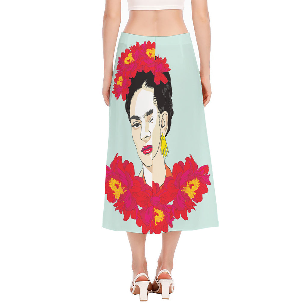 Frida Kahlo And Floral Print Side Slit Midi Skirt