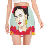 Frida Kahlo And Floral Print Side Slit Mini Skirt