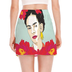 Frida Kahlo And Floral Print Side Slit Mini Skirt