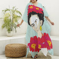 Frida Kahlo And Floral Print Silk V-Neck Kaftan Dress