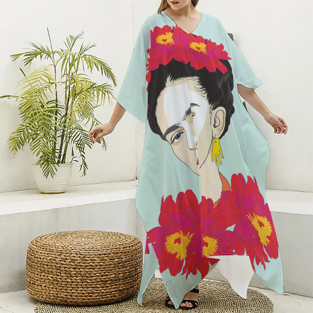 Frida Kahlo And Floral Print Silk V-Neck Kaftan Dress