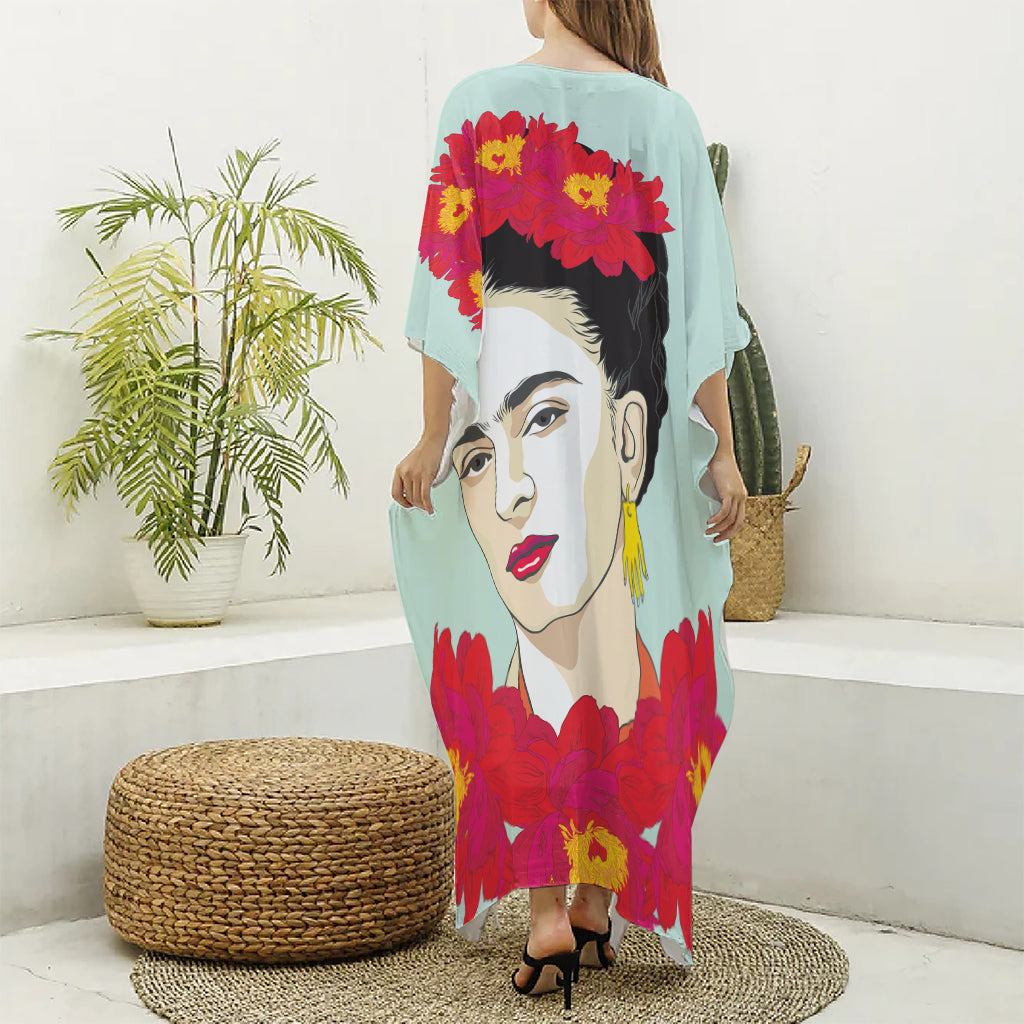 Frida Kahlo And Floral Print Silk V-Neck Kaftan Dress