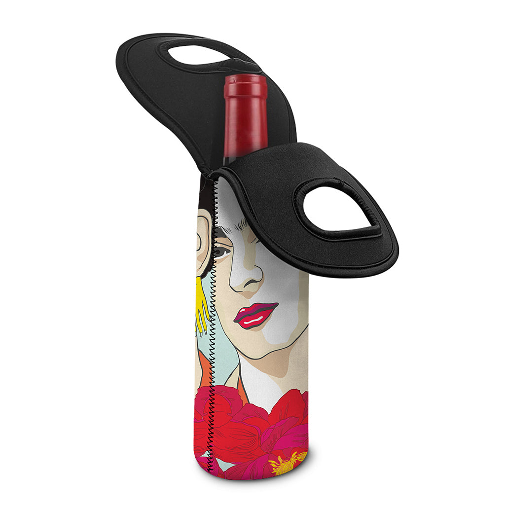 Frida Kahlo And Floral Print Single Neoprene Wine Tote