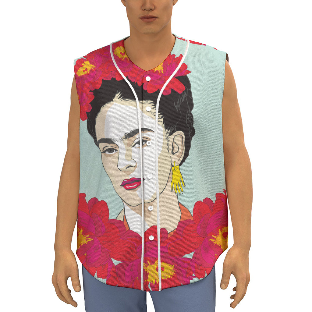 Frida Kahlo And Floral Print Sleeveless Baseball Jersey