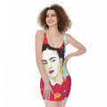 Frida Kahlo And Floral Print Sleeveless Bodycon Dress