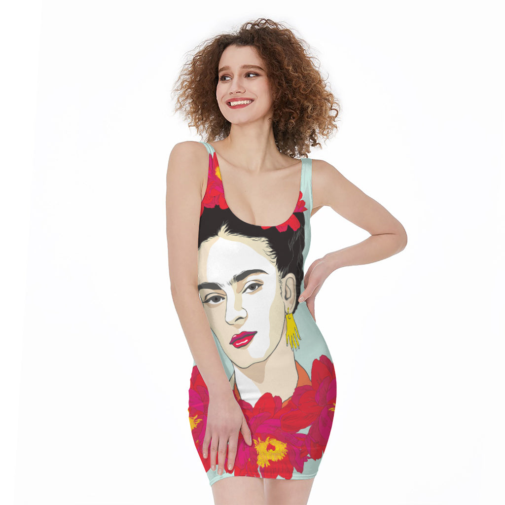 Frida Kahlo And Floral Print Sleeveless Bodycon Dress