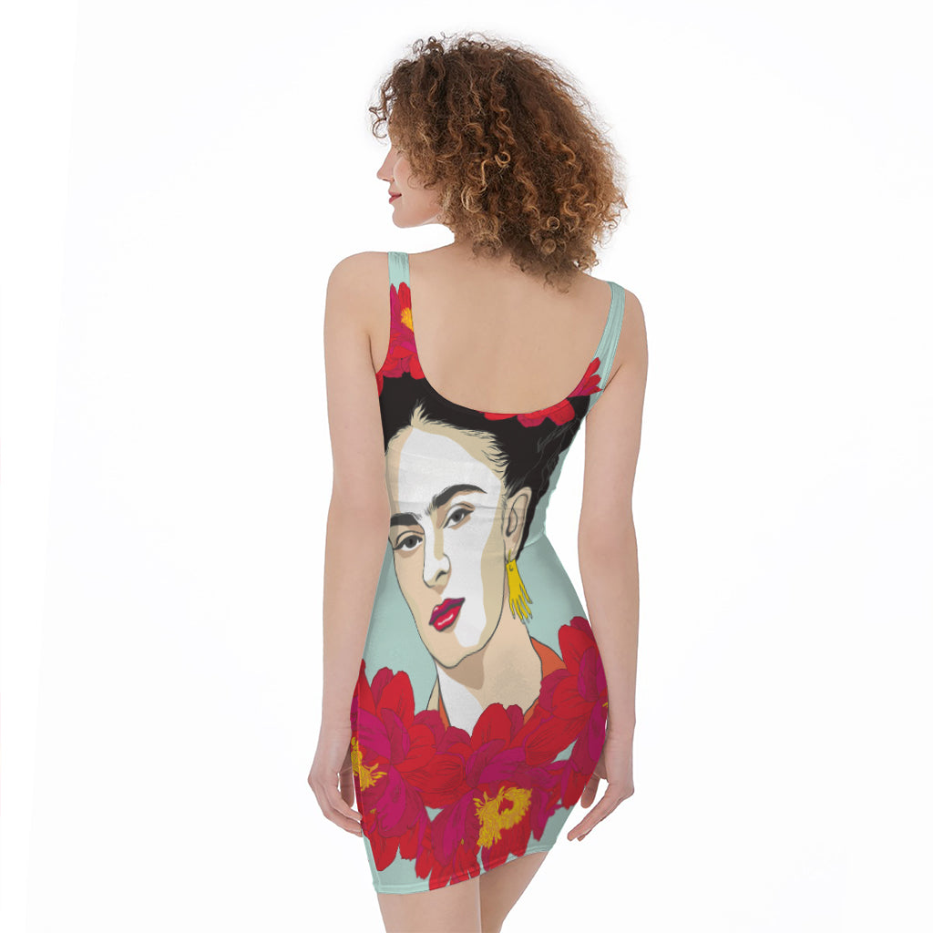 Frida Kahlo And Floral Print Sleeveless Bodycon Dress