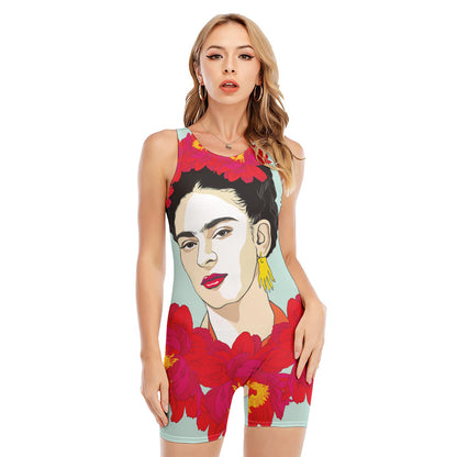 Frida Kahlo And Floral Print Sleeveless One Piece Swimsuit