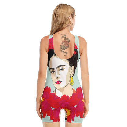 Frida Kahlo And Floral Print Sleeveless One Piece Swimsuit