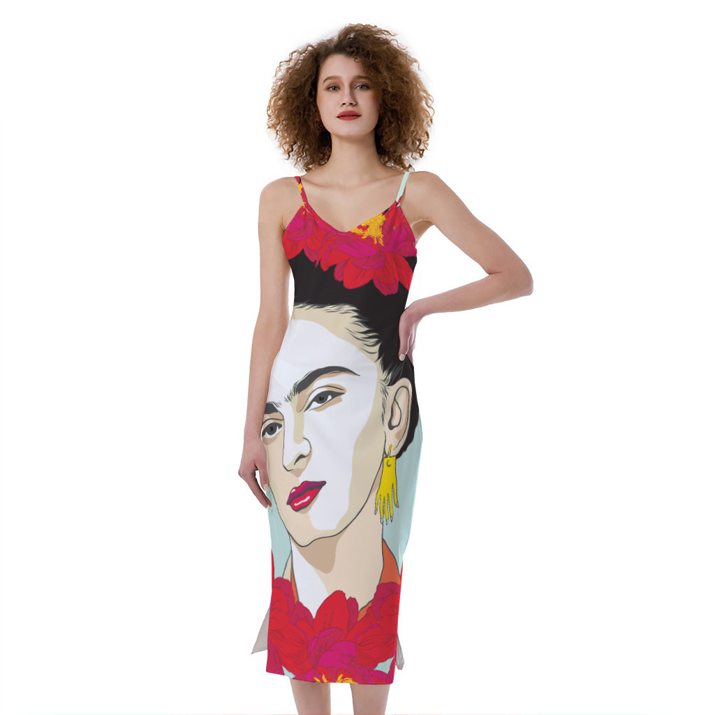 Frida Kahlo And Floral Print Slim Fit Midi Cami Dress