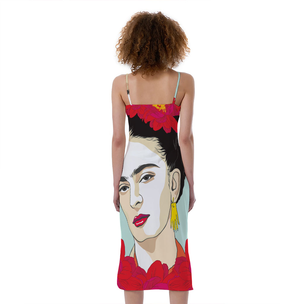 Frida Kahlo And Floral Print Slim Fit Midi Cami Dress