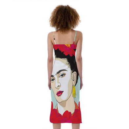 Frida Kahlo And Floral Print Slim Fit Midi Cami Dress