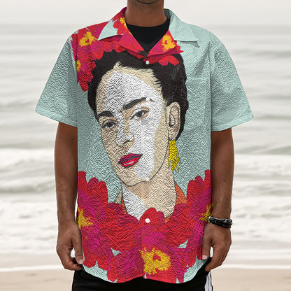 Frida Kahlo And Floral Print Textured Short Sleeve Shirt