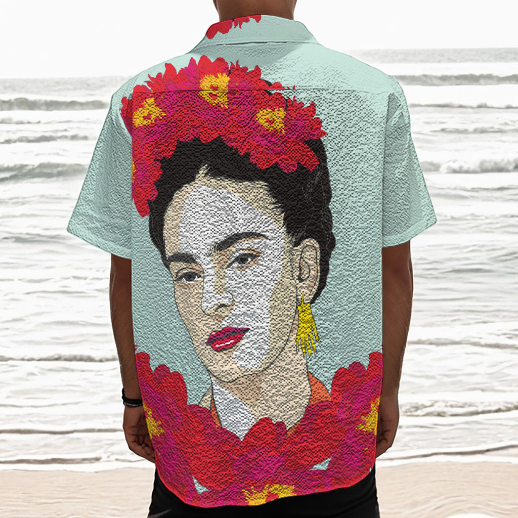 Frida Kahlo And Floral Print Textured Short Sleeve Shirt