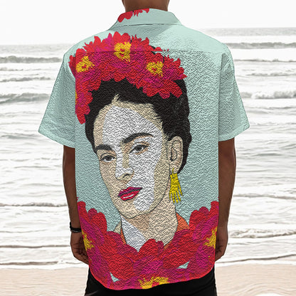 Frida Kahlo And Floral Print Textured Short Sleeve Shirt