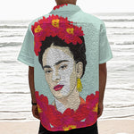 Frida Kahlo And Floral Print Textured Short Sleeve Shirt