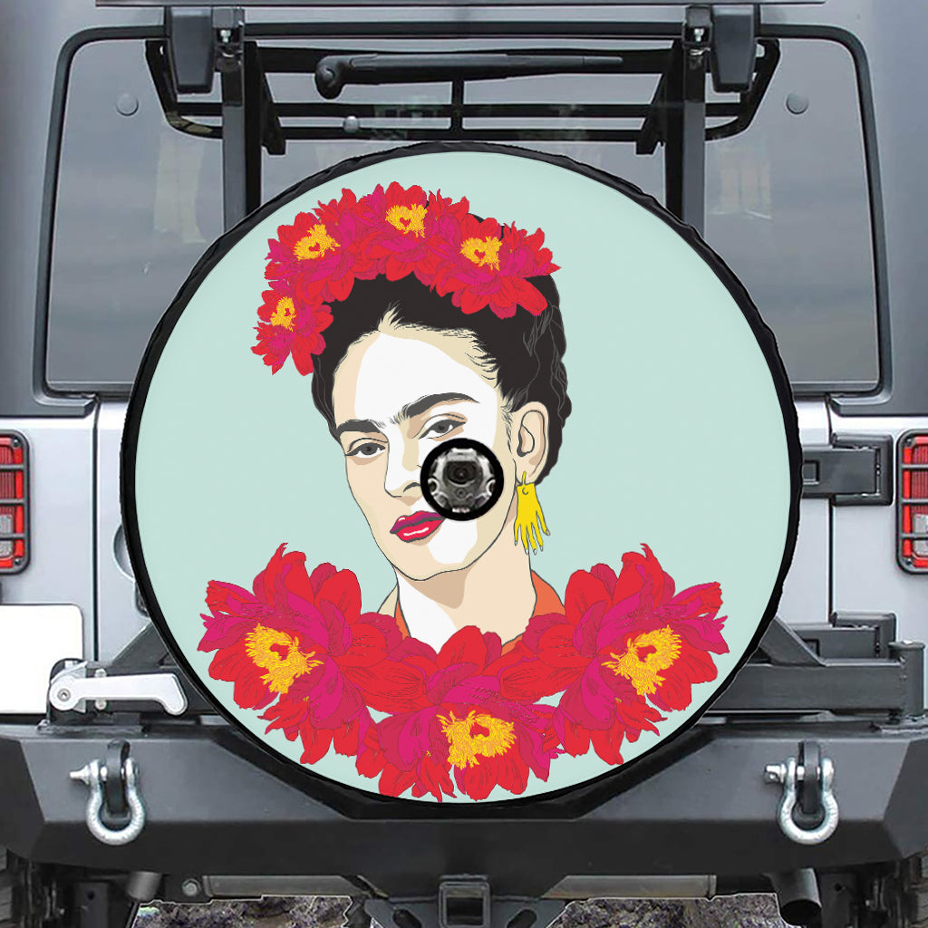 Frida Kahlo And Floral Print Tire Cover With Camera Hole